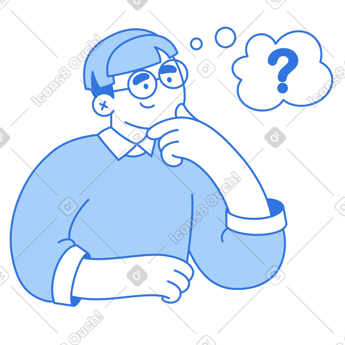 Person pondering with question bubble, Critical thinking or decision making illustration in Sky style download in PNG, SVG