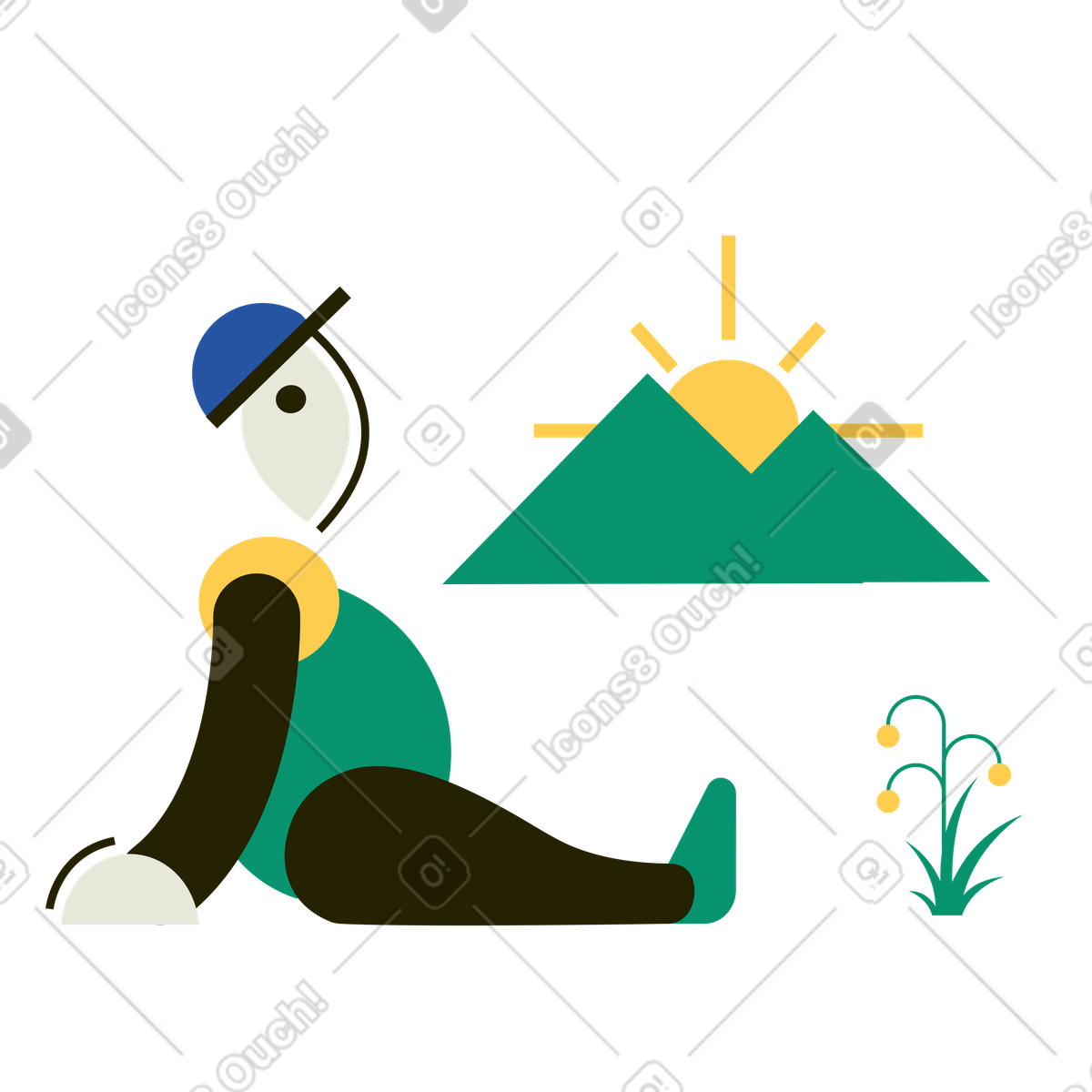 Man watching the sun set behind mountains illustration in Spot style download in PNG, SVG