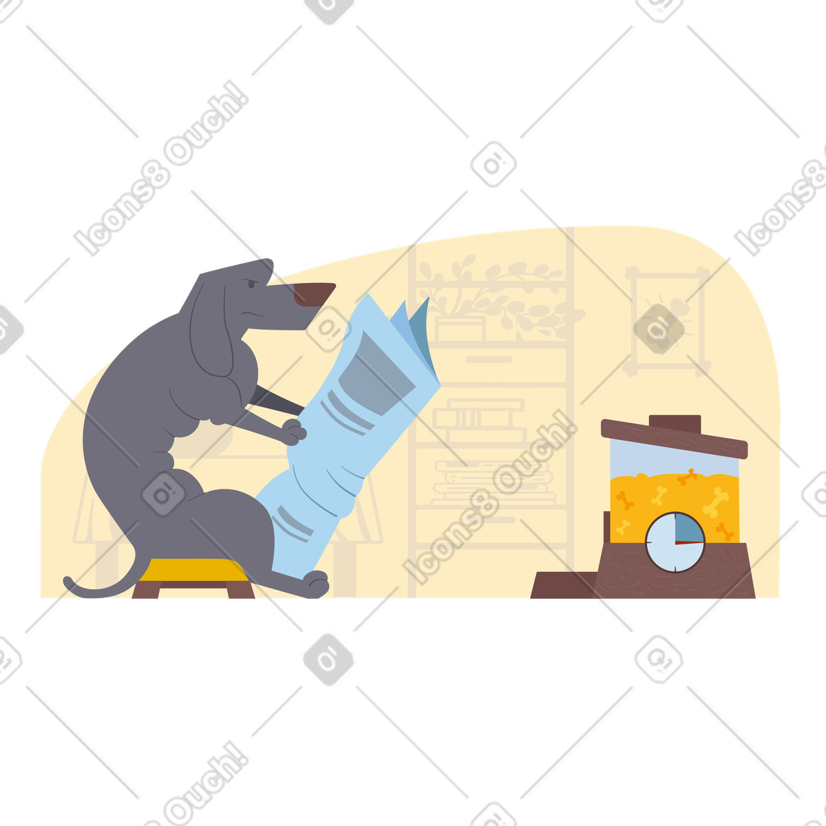 Dog waiting for food near automatic feeder illustration in PNG, SVG
