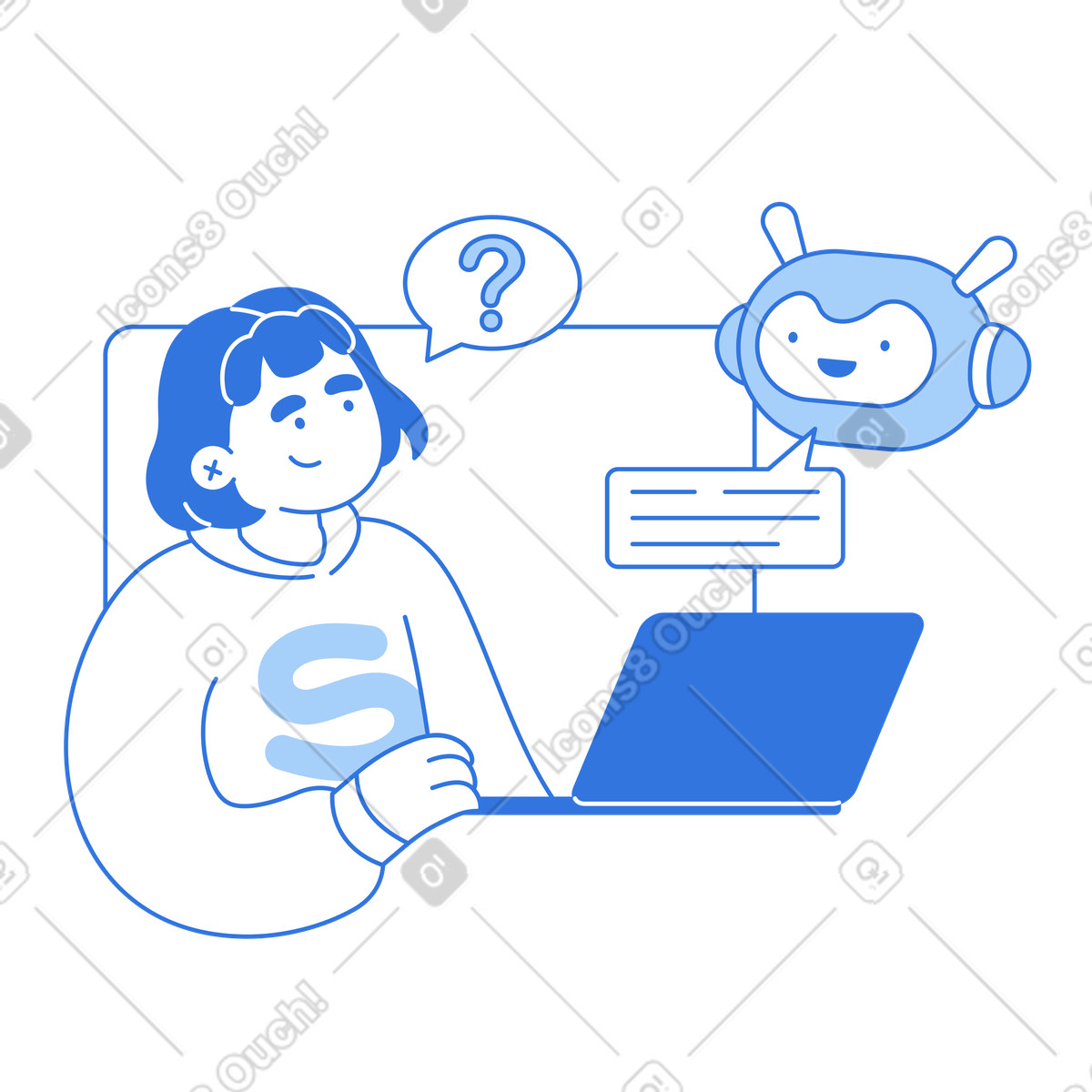 User chatting with virtual assistant bot, AI-powered helpdesk illustration in PNG, SVG
