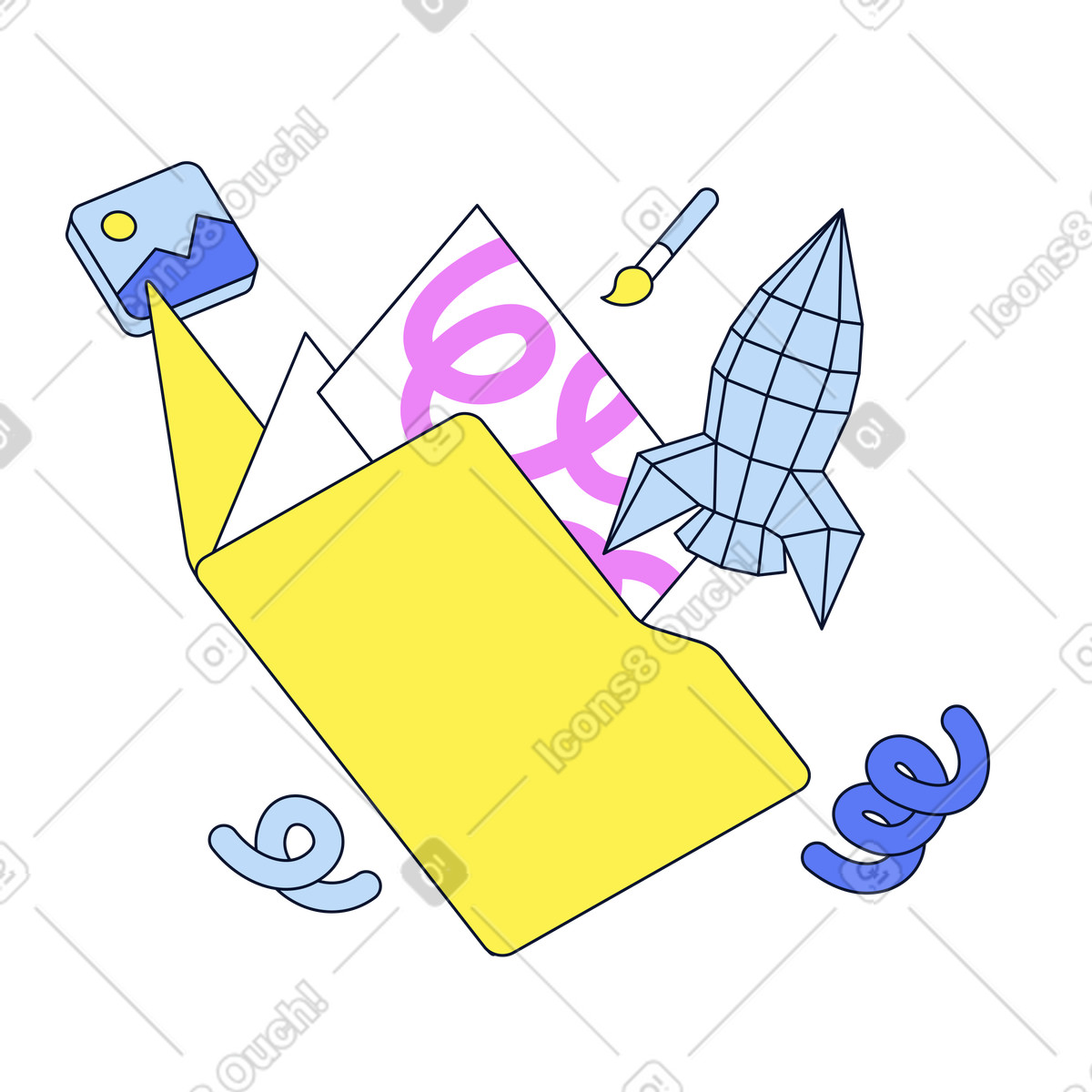 Illustration Portfolio créatif avec illustrations et modèles 3d dans le style Flexy à télécharger aux formats PNG, SVG