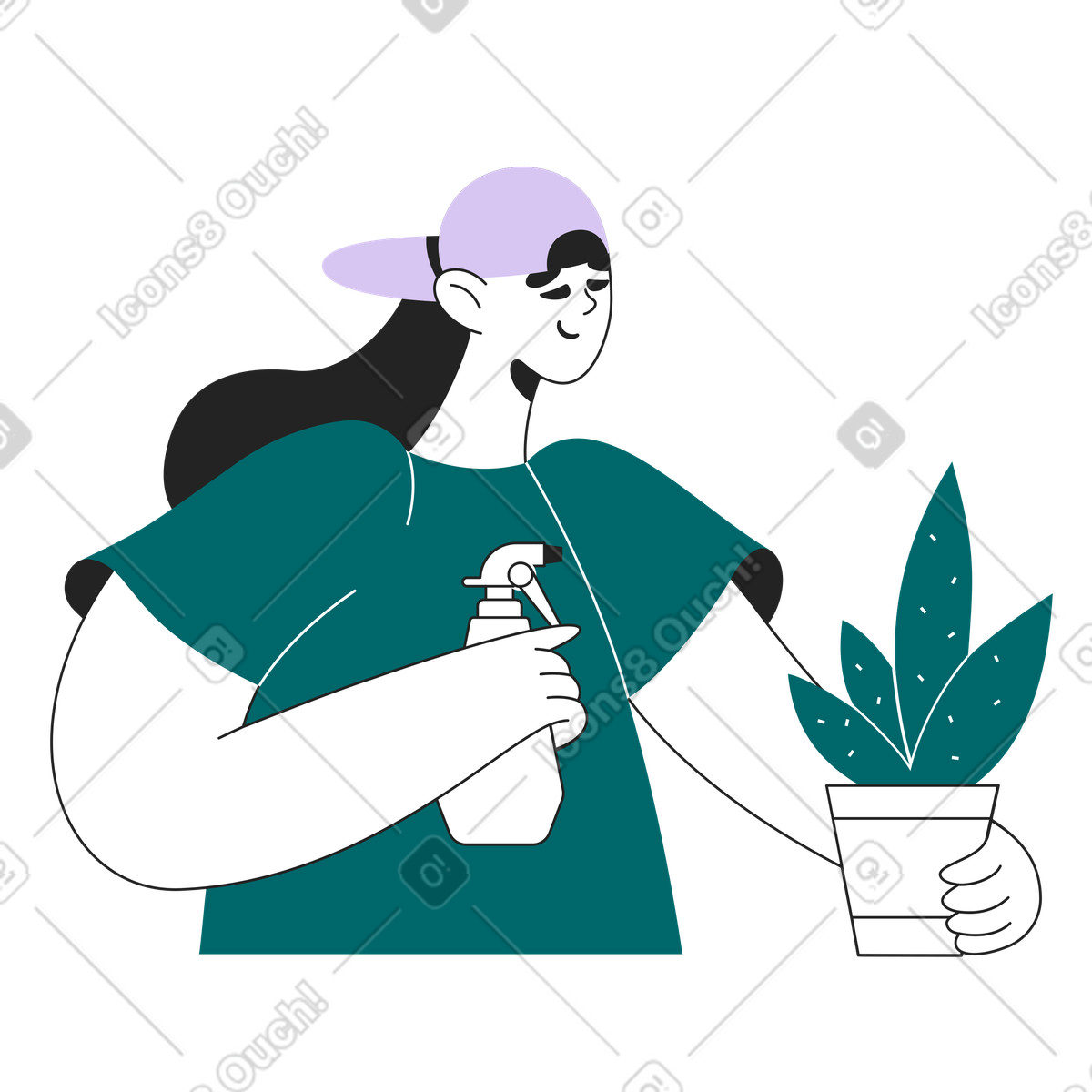 Person holding sprayer and pot plant, mindful gardening plant parenting illustration in Sammy Line style download in PNG, SVG