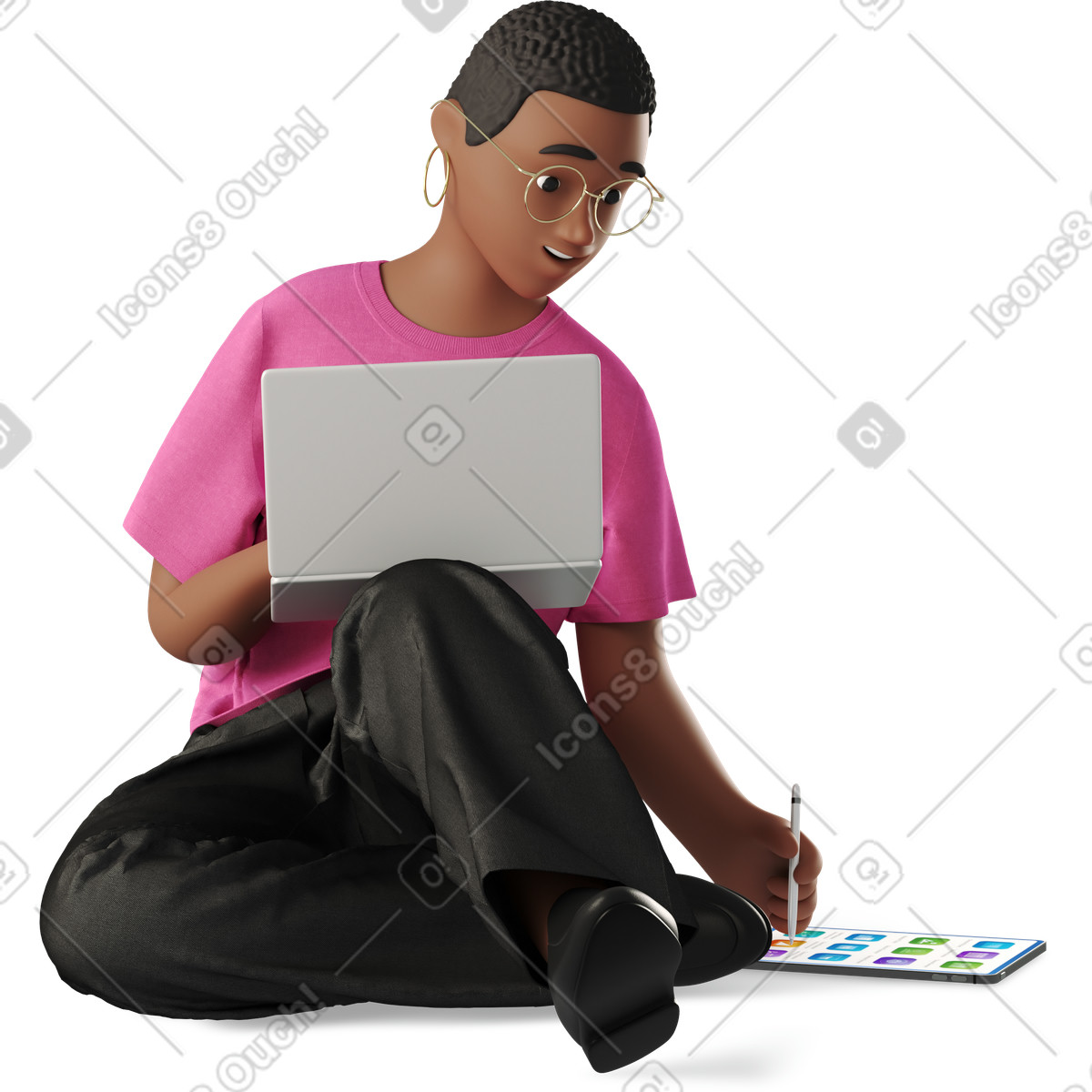 Ilustración Young woman working with laptop and tablet en estilo 3D Business a descargar en PNG y SVG
