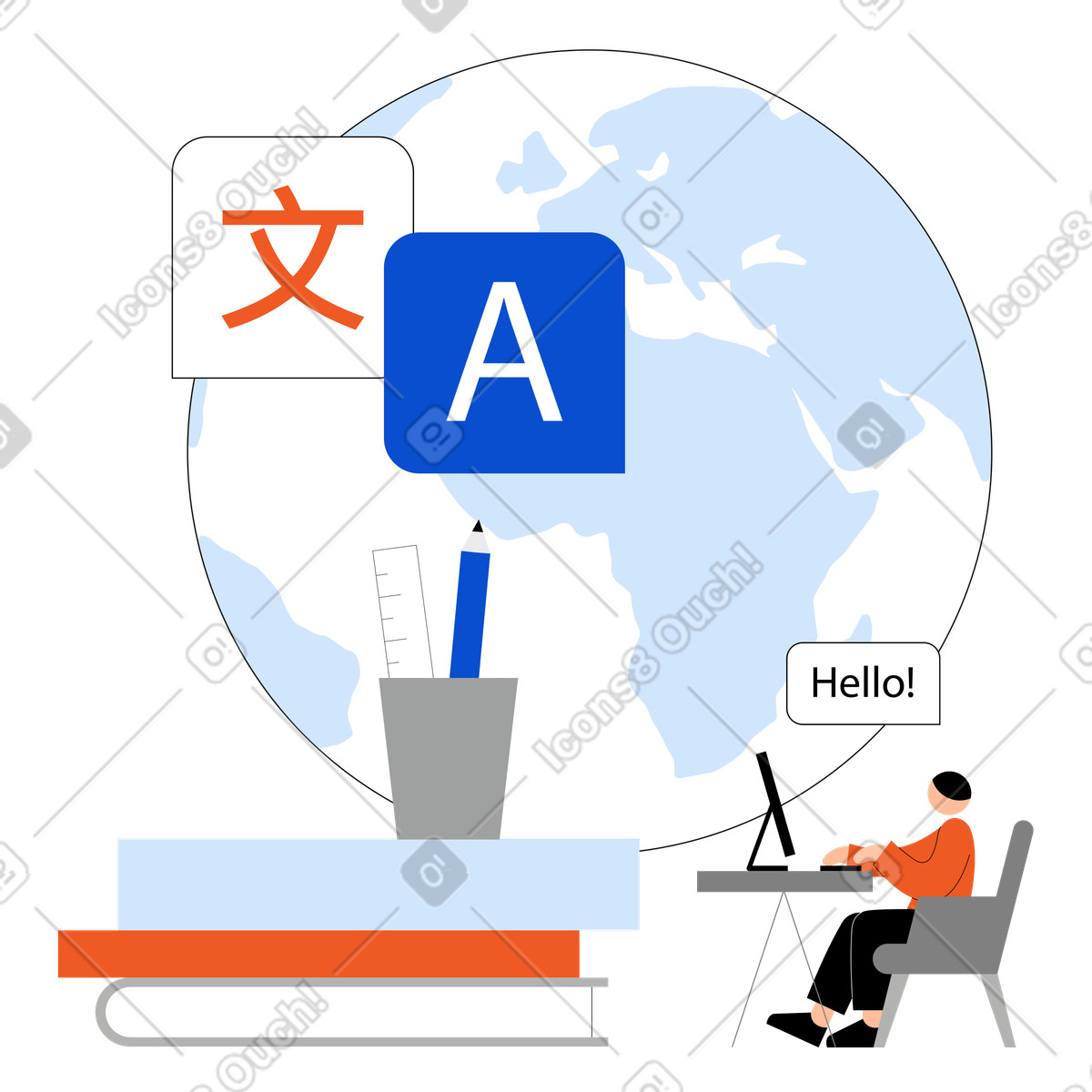 Learning languages online and at-home language learning course illustration in Tiny style download in PNG, SVG