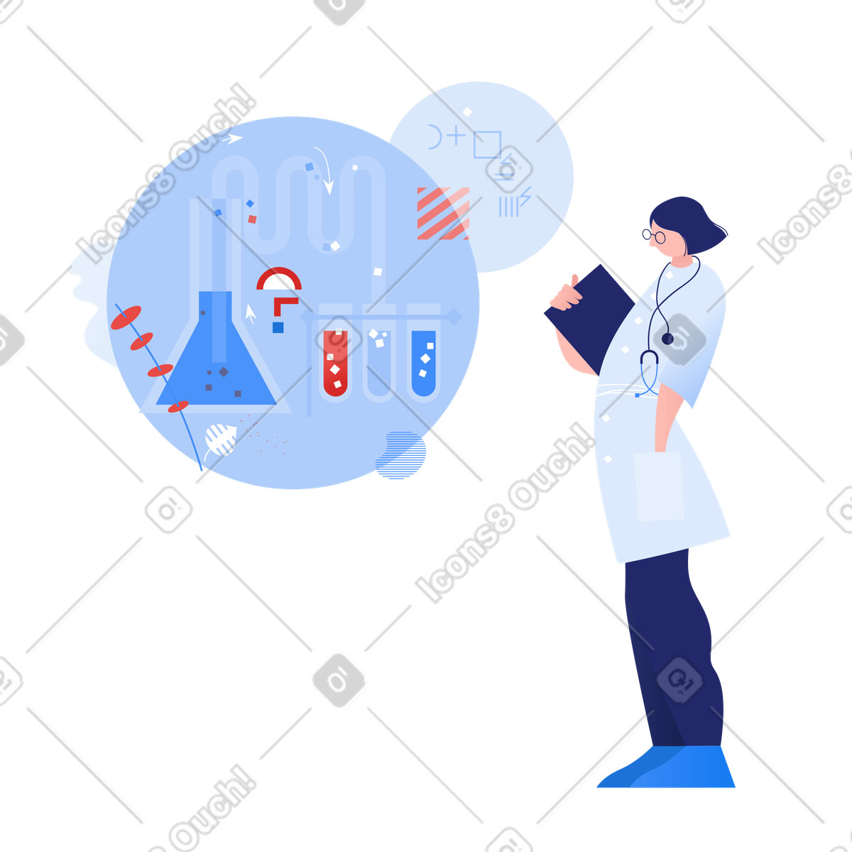 Ilustración Asistente de laboratorio femenina examinando tubos ensayo y vasos precipitados en estilo Clip a descargar en PNG SVG