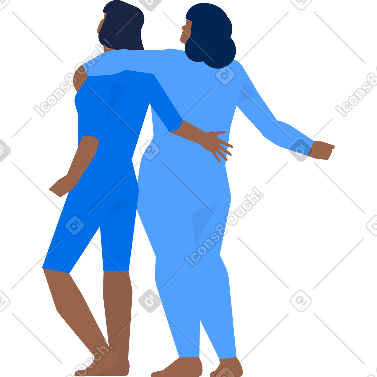 Two surfer women are standing in embrace rear view illustration Urban style download PNG, SVG