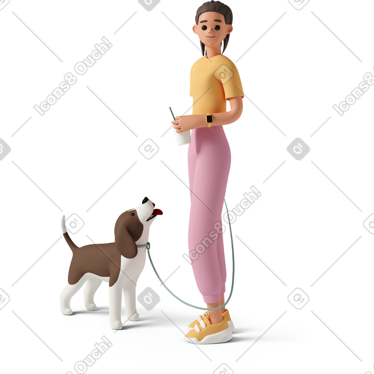 3D Casual life 스타일의 Young woman walking dog on leash and holding drink 일러스트레이션 PNG, SVG 다운로드