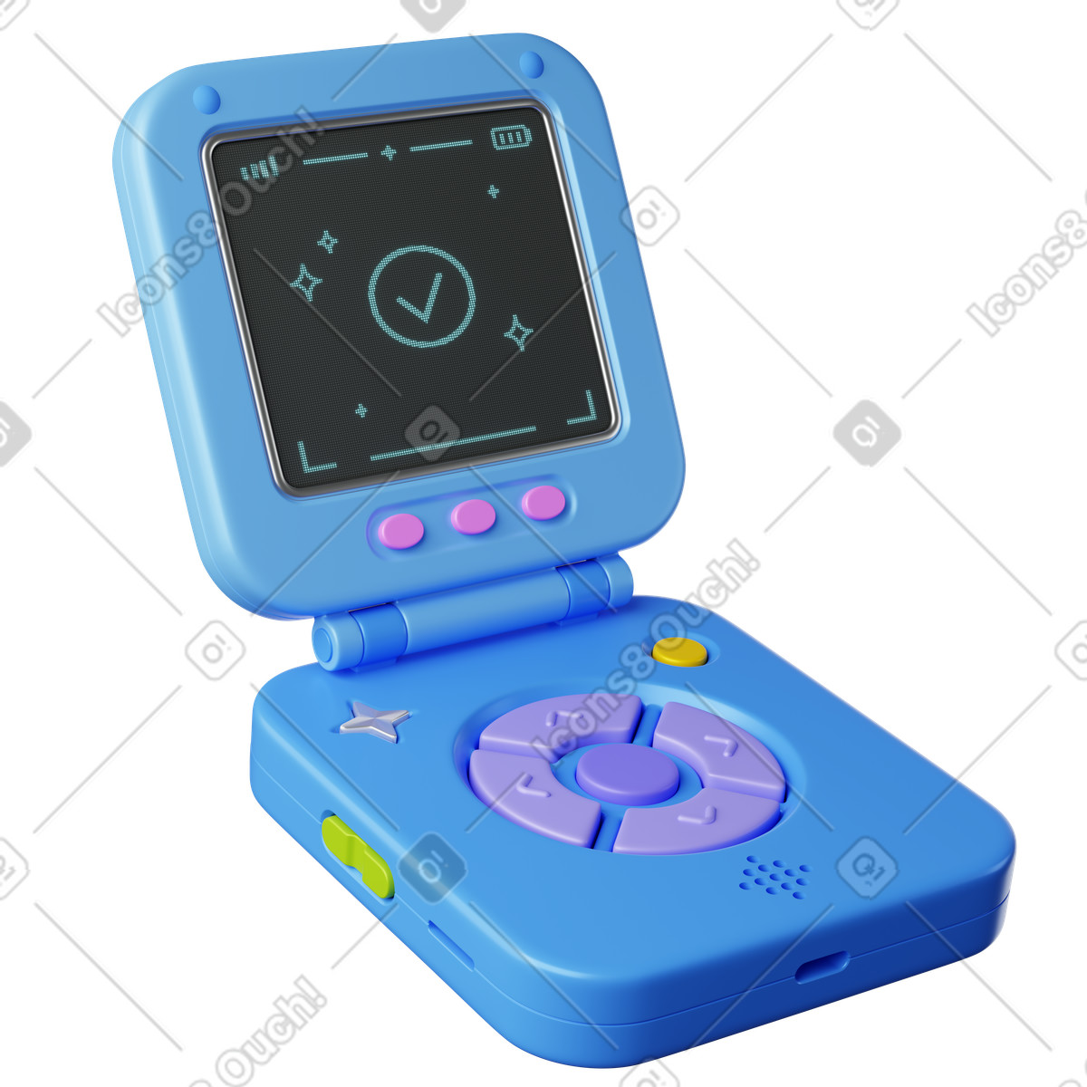Gadget flip device with screen and buttons displaying checkmark symbol illustrazione in stile 3D Plastic scarica in PNG, SVG