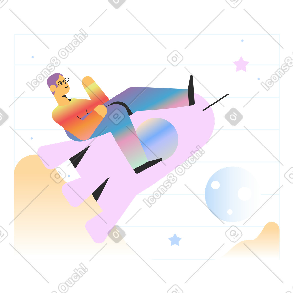 下载 Marginalia 风格的 乘坐火箭在太空飞行的人 插画，支持 PNG、SVG 格式