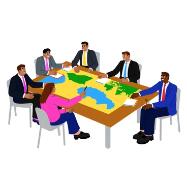 A group of diplomats from various nations is sitting around a large rectangular table. Each diplomat is dressed in formal attire, representing their country's culture with unique accessories. The table is covered in colorful maps showcasing different regions of the world. Some diplomats are leaning forward, intently discussing, while others are pointing at specific areas on the maps. A few documents and pens are scattered across the table, adding to the atmosphere of serious negotiation. The room is well-lit, highlighting the focused expressions on the diplomats' faces as they engage in dialogue.