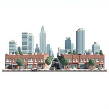 A bustling wealthy business district with tall glass skyscrapers reflecting sunlight. The buildings have modern architecture and are surrounded by well-maintained sidewalks with people in business attire. Nearby, a contrasting poorer neighborhood features smaller, older brick buildings with a slightly worn appearance. The street divides the two areas clearly, showing a stark difference in cleanliness and maintenance. In the wealthy area, luxury cars are parked along the street, while in the poorer neighborhood, there are bicycles and older, rusted vehicles. A line of trees runs along the street, some lush and well-cared-for on the business district side, while the other side has a few scraggly trees and patches of grass.