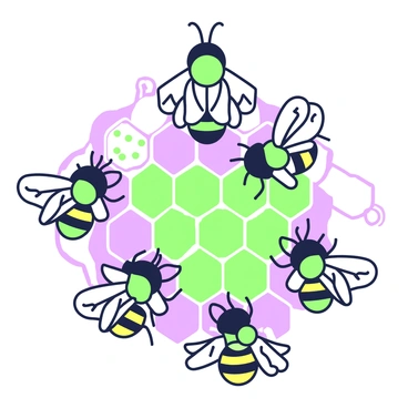 An illustration depicting the hierarchical structure within a bumble bee colony. At the top, a large queen bee is shown, with a distinctive larger body and a prominent presence. Below her are several worker bees, slightly smaller in size, organized in groups around the queen. Some workers are engaged in foraging activities, while others are tending to larvae within the honeycomb structure, which is situated at the center of the colony. Drones, distinguished by their larger size and robust bodies, are present in the background, waiting for their turn to mate. The entire scene is framed with hexagonal patterns to mimic the structure of the honeycomb.