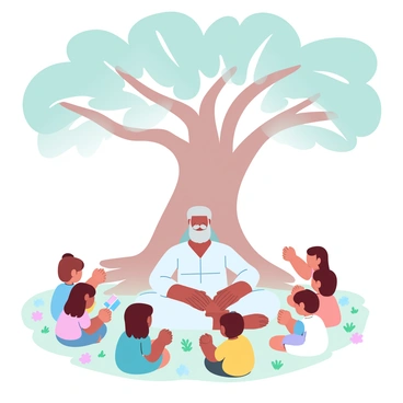 An elderly man with long gray hair sits cross-legged under a large banyan tree. He is wearing a traditional white kurta and has a peaceful demeanor. Around him, a group of children of various ages sit on the ground, their attention focused on him. The children are dressed in colorful clothing, with some holding small props like books and toys. The expansive branches of the banyan tree stretch out above, providing a sense of shelter and wisdom. The ground is covered with green grass and small flowers, adding to the tranquil atmosphere.