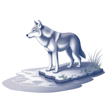 A grey wolf is positioned on a riverbank, its focus directed at the flowing water. The wolf stands with its body partially turned, allowing for a clear view of its alert posture. Its fur is detailed with various textures, showcasing the wild and natural appearance. The riverbank features small rocks and tufts of grass, creating a rugged terrain. The river itself is depicted with gentle ripples and a slight current, reflecting the surrounding environment. The scene captures the essence of the wolf's connection to nature as it observes its surroundings.