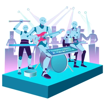 A band of robotic musicians is performing on a sleek, elevated stage. The lead robot has a polished chrome body and glowing blue eyes, playing an electric guitar that emits vibrant light trails as it strums. Beside it, a robot drummer with a streamlined design has arms that move seamlessly, striking a translucent drum set that pulses with neon colors. Another robot plays a keyboard with holographic keys, creating rhythmic waves of light with each press. The background features an audience of various humanoid figures, all captivated by the energetic performance, as multicolored spotlights illuminate the scene.