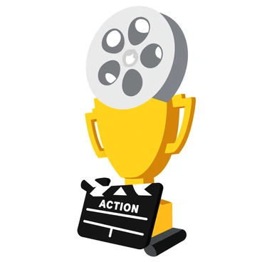 A film-themed trophy in the shape of a movie reel resting atop a clapperboard. The movie reel features a shiny silver finish with detailed circular spokes, while the clapperboard has a black and white design displaying "ACTION" in bold white letters. The trophy stands on a sturdy base that resembles a film strip, adding to the cinematic theme. The entire piece is well-lit, showcasing its glossy surfaces and intricate details.
