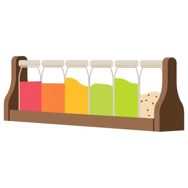 A wooden spice rack made of dark brown wood displaying six clear glass jars neatly arranged. Each jar is filled with colorful spices, such as bright red paprika, vibrant yellow turmeric, deep green basil, dark brown cinnamon, orange paprika, and a light beige spice mix. The jars have matching silver lids, and the spice rack is positioned against a plain background to enhance the colors of the spices.