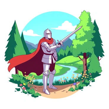 A brave knight embarking on a quest through a lush valley with a sword in hand.