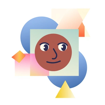A face with medium skin tone is centered in the composition. The features include bright eyes, a small nose, and full lips. Surrounding the face are various geometric shapes, including large circles in shades of blue, overlapping squares in pastel colors, and sharp triangles in yellow and orange. These shapes create a dynamic frame that emphasizes the facial features. The background is a soft gradient that complements the colors of the shapes, enhancing the overall visual impact.