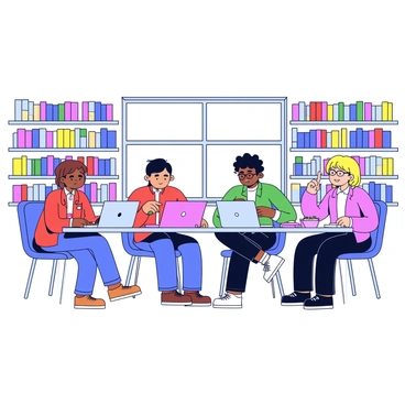 A group of four teens sitting together at a rectangular library table. The table is covered with a variety of colorful books, some opened and others stacked. Each teen has a laptop in front of them, and they are engaged in discussion. One teen has short brown hair and is looking at a book, while another has long black hair and is typing on her laptop. The third teen is Asian with glasses, and he is taking notes on a notepad. The last teen has curly blonde hair and is pointing at a book, contributing to the conversation. The background features tall bookshelves filled with books, and a large window allowing natural light to fill the space. 
