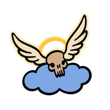 A dog skull positioned on a soft cloud-like surface. The skull has intricate details, with visible teeth and eye sockets. Attached to the skull are large, ethereal wings, resembling those of an angel, with delicate feathers that gently shimmer. The wings are spread wide, giving an impression of lightness and grace. There is a soft, glowing aura surrounding the skull and wings, enhancing the otherworldly presence of the scene.