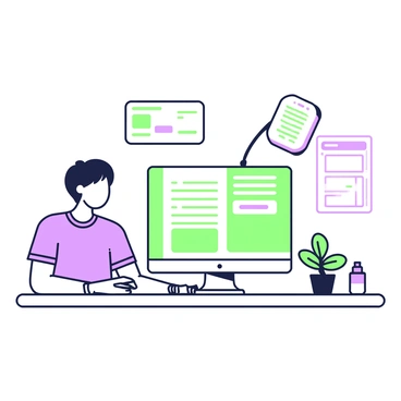 A person is sitting at a desk in front of a computer. The individual has short hair and is wearing a casual shirt. They are focused on the screen, which displays a digital interface for purchasing insurance. The interface features various options and forms, with text boxes and buttons clearly visible. To the side, there is a notepad and a pen, indicating that the person is organizing their thoughts. A small potted plant sits on the desk, adding a touch of greenery to the workspace.