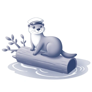 An otter is floating on a log in a river. The otter is wearing a tiny sailor hat perched jauntily on its head. The river is gently flowing around the log, with ripples forming where the water meets the wood. The otter has a playful expression, with its eyes bright and curious as it gazes around. The surroundings include a few leafy branches extending over the river, adding to the serene atmosphere of the scene.