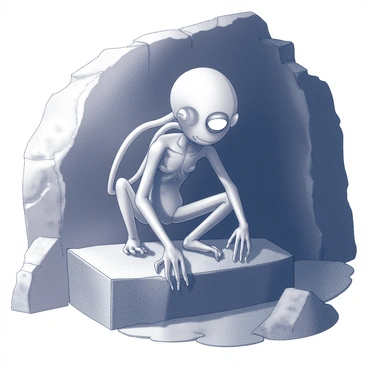 A creature with a hunched posture is sitting on a jagged rock within a cave. The surroundings are characterized by wet, uneven surfaces and a slight mist. The creature has oversized, luminous eyes that stand out against its pale, emaciated features. Its bony hands are resting on its knees, and its expression is one of intensity, as if it is carefully observing its surroundings. Shadows are cast across the cave walls, adding depth to the scene. The atmosphere is heavy with moisture, enhancing the sense of isolation in this dark environment.