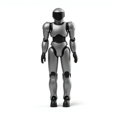 A robotic exoskeleton suit designed to enhance human physical capabilities. The suit is made of a sleek, metallic material with a brushed finish. It features articulated joints that are prominently visible, showcasing intricate servos and hydraulic components that aid in movement. The design includes reinforced sections at the shoulders, elbows, and knees, indicating robust support for the user. The exoskeleton has a combination of chrome and matte black elements, contributing to a futuristic look. Cables and sensors are integrated into the suit, emphasizing its advanced technology.