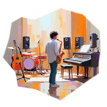 A musician with medium skin and curly hair stands in a well-lit recording studio, contemplating which instrument to play. The studio is filled with an array of instruments, including a grand piano, an electric guitar resting on a stand, a set of drums in the corner, and a variety of wind instruments displayed on a shelf. The musician is wearing a casual shirt and jeans, looking thoughtfully at a saxophone held in one hand while glancing over the other instruments. Mixing equipment and sound panels are visible in the background, adding to the creative atmosphere of the room.