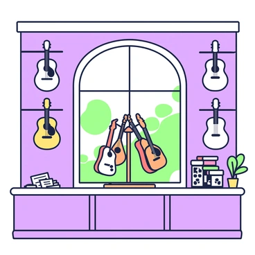 A music shop filled with classic vintage guitars hanging on the walls. Each guitar showcases intricate designs and details, with polished wood finishes. In the center of the shop, there is a wooden display stand supporting several guitars for customers to try. A large window at the front allows natural light to illuminate the space, highlighting the rich colors of the instruments. The floor is made of dark hardwood, enhancing the warm atmosphere of the shop. On the counter, there are music sheets and a small potted plant adding to the ambiance.