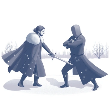 Jon Snow, dressed in his iconic black attire, stands firmly in a snowy landscape, gripping a sword tightly in his right hand. His face shows determination as he faces a shadowy figure standing opposite him, shrouded in darkness and indistinct features. Snowflakes drift through the air, settling on the ground and on the edges of Jon's cloak. The environment is stark, with a backdrop of snow-covered terrain and bare trees, enhancing the tension of the fierce duel taking place. The scene conveys a sense of urgency and confrontation between the two combatants.