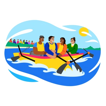 A diverse team of rowers with varying skin tones and hairstyles is working together seamlessly in a sleek, colorful racing boat. Each rower is wearing matching sports uniforms in bright colors, demonstrating teamwork and unity. They are all synchronized in their rowing motion, with oars entering the water in perfect harmony. The boat is cutting through the blue water, creating splashes around it. In the background, a cheering crowd can be seen along the riverbank, adding to the excitement of the race. The sun is shining brightly, reflecting off the water's surface, enhancing the vibrant scene.