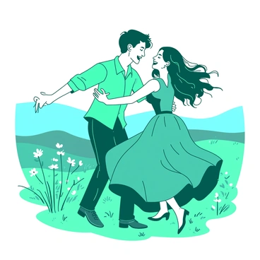 A teal couple is dancing gracefully in an open field. The man wears a flowing teal shirt, while the woman is in a lovely teal dress that sways gently with the breeze. Their hair moves freely in the wind, adding to the dynamic feeling of the scene. The field is lush and green, with a clear blue sky above. Wildflowers in the field add specks of color around them, enhancing the lively atmosphere. The couple's joyful expressions reflect their connection as they twirl together, lost in the moment.