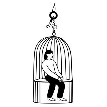 An individual sitting inside a transparent cage, with their body positioned in a way that conveys tension. The cage is detailed, with bars clearly visible and the structure itself appearing delicate yet confining. Above the individual, a set of keys is suspended from the top of the cage, hanging just out of reach. The keys are intricately designed, casting shadows on the floor of the cage. The overall composition illustrates the theme of struggle, with the transparent nature of the cage emphasizing the feeling of confinement while also allowing a glimpse of the outside world.