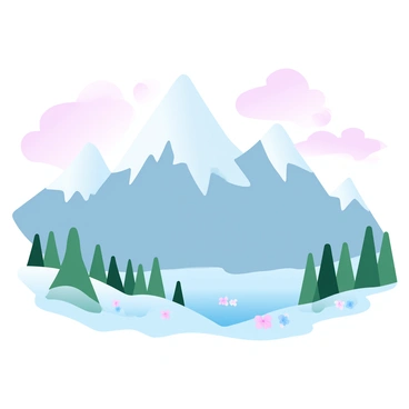 A range of snow-capped mountains rises prominently, their peaks adorned with a thick layer of white snow. The mountains are rugged, showcasing sharp edges and steep slopes. In the foreground, a series of green pine trees stretch upwards, contrasting with the white of the snow. Soft clouds drift lazily around the mountains, enhancing their towering presence. Gentle gradients of pastel colors fill the sky, transitioning from soft pink to light blue. A serene valley lies below, dotted with patches of colorful wildflowers.