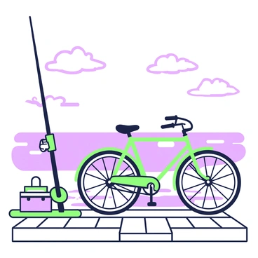 A vintage bike is resting against the edge of a wooden pier. The bike features a classic design with a curved frame and a leather seat. Nearby, there are two fishing poles standing upright, leaning against the pier. A couple of tackle boxes are positioned on the wooden planks next to the bike. The pier extends over a body of water reflecting the surroundings. In the background, a few clouds are scattered across the sky, creating a tranquil atmosphere.