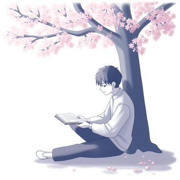 Ayanokoji is seated on the ground, leaning against the trunk of a cherry blossom tree. The tree is in full bloom, with delicate blossoms scattered around him. He holds an open book in his hands, his eyes focused intently on the pages. The scene captures the tranquility of nature, with soft petals gently falling around him. The sunlight filters through the tree branches, creating a dappled effect on the ground where he sits. Ayanokoji is dressed in a casual outfit, contributing to the relaxed atmosphere of the moment.
