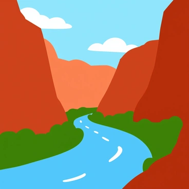 A massive canyon with steep, dramatic rock formations rising sharply on either side. The canyon walls are layered with various shades of red, orange, and brown, showcasing their rugged texture. At the bottom of the canyon, a winding river flows, reflecting the sunlight and creating glistening highlights on the water's surface. Lush greenery is visible along the riverbank, contrasting with the rocky terrain above. The sky overhead is a bright blue, dotted with a few fluffy white clouds.