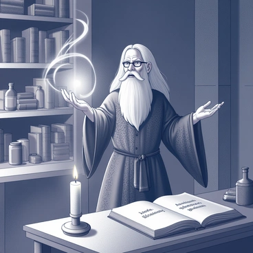 A mysterious wizard casting spells in a dimly lit chamber filled with ancient books
