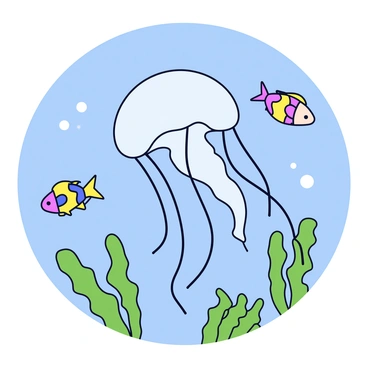 A jellyfish with a translucent bell and long, flowing tentacles moving gracefully in clear blue water. The jellyfish displays a soft glow, illuminating its surroundings. Around it, there is lush green seaweed swaying gently with the current. Tiny fish with vibrant colors dart playfully among the seaweed, contributing to the lively underwater scene.