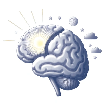 A brain illustration with one side as a sun and the other as a moon, representing day and night thinking