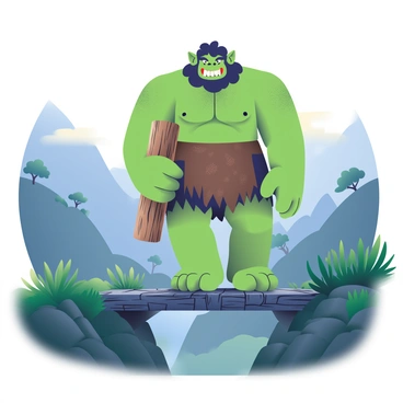 A large troll with green skin and a rugged appearance is standing on a weathered wooden bridge. The troll has thick, dark hair and sharp, protruding teeth. He is wearing a tattered brown loincloth and is clutching a large wooden club in his right hand. The bridge is partially covered in moss and surrounded by tall, lush grass. In the background, a misty valley stretches out, with faint outlines of steep hills and scattered trees shrouded in fog. The atmosphere is dimly lit, enhancing the mysterious feel of the scene.