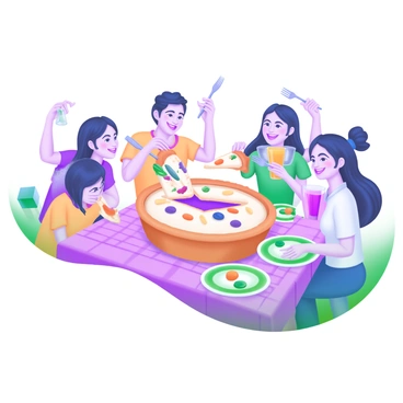 A brightly colored pie is placed at the center of a table, showcasing a variety of flavors with whipped cream topping and decorative fruit pieces. Surrounding the pie, a group of four friends is smiling and reaching for their respective slices. Each friend has a colorful plate in front of them, and there are forks in their hands. The table is adorned with a checkered cloth, and there are drinks in colorful glasses nearby. The scene captures a lively and cheerful atmosphere as they share the pie together.