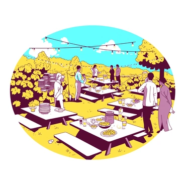 A yellow garden filled with blooming flowers surrounds several white picnic tables. Each table is decorated with cheerful tablecloths and colorful plates stacked high with food. String lights hang overhead, casting a warm glow across the gathering. People are mingling, some holding drinks and others enjoying the delicious spread. In the background, a vibrant blue sky complements the lively atmosphere.