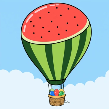 A large hot air balloon designed to resemble a giant watermelon slice is floating in a bright blue sky. The balloon features a vivid green outer shell with dark green stripes to mimic the rind of a watermelon. The upper portion of the balloon showcases a red segment filled with black dots representing watermelon seeds, creating a playful and colorful appearance. Below the balloon, a wicker basket is visible, with a few colorful balloons tied to it, swaying gently in the breeze. The sun shines brightly, casting soft shadows and highlighting the vibrant colors of the hot air balloon.