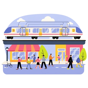 A commuter train with a sleek design is crossing over a bustling city street. The train features vibrant colors with large windows along its sides, and its wheels are clearly visible as it moves above the street. Below, a variety of people hustle along the sidewalk, some looking up at the train while others are engrossed in their phones. Colorful storefronts line the street, and a few bicycles are parked nearby. The atmosphere is lively, with a clear blue sky above and fluffy white clouds.
