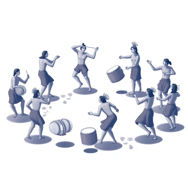 A group of warriors dressed in traditional attire performs a dance in a circular formation. Each warrior holds a different pose that reflects their strength and skill. Some warriors are depicted with ornate headdresses and body paint, showcasing cultural symbols. Around the dancers, various drums of different sizes are positioned, with a couple of musicians striking them rhythmically. The atmosphere is lively, with some warriors appearing mid-movement, demonstrating their energy and coordination. The ground is marked with footprints from earlier dances, emphasizing the significance of the ritual.
