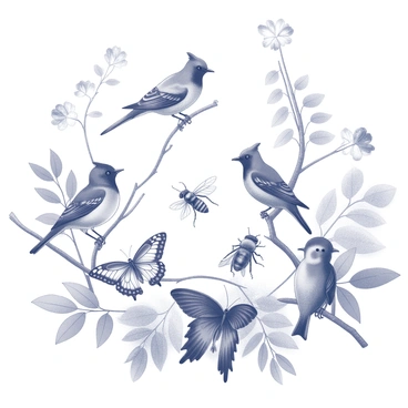 A montage showcasing various local fauna found around Mont Ventoux. The scene includes a variety of birds perched on branches, each with distinct features such as beaks and plumage. Several insects are depicted crawling on leaves or hovering in the air, including butterflies and bees with detailed wing patterns. The background features foliage typical of the region, with detailed textures on leaves and flowers. The composition captures an interaction between the birds and insects, providing a sense of harmony in nature.