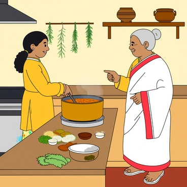 A young Bengali girl with dark, curly hair tied back in a ponytail, wearing a bright yellow kurta and colorful leggings, stands in a cozy kitchen. She is focused on stirring a pot on the stove filled with a traditional Bengali dish, which has a rich, golden color. Next to her, an elderly woman with silver hair tied in a bun, wearing a white saree with a red border, watches attentively. The grandmother has a warm smile and is pointing to the ingredients laid out on the counter, which include fresh vegetables and spices in small bowls. The kitchen is adorned with hanging herbs and a traditional clay pot on a wooden shelf. The scene captures a moment of shared learning and cultural heritage.